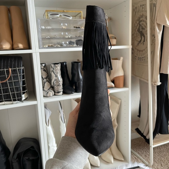 NWT Nine West Black Fringe Western Boots Boho Faux Suede Heels - Picture 4 of 13